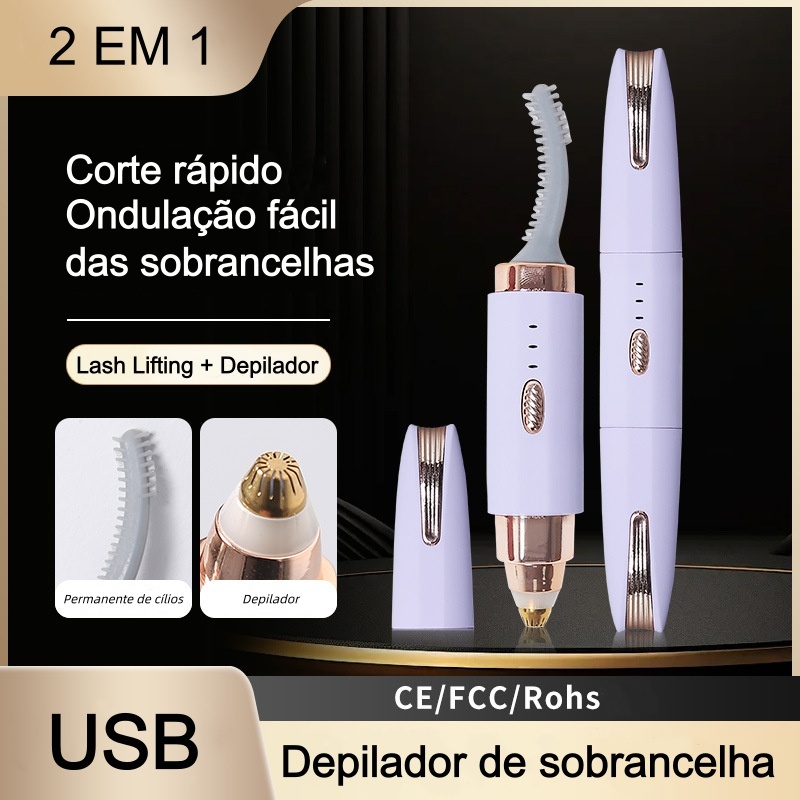 2 EM 1 Depilador de sobrancelhas Curvador Modelador de Cilios Eletrico Recarregável Portatil