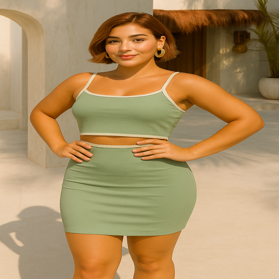 CONJUNTO PODEROSA Saia em ribana – cintura marcada, caimento perfeito  Cropped com bojo – estrutura e destaca o busto.