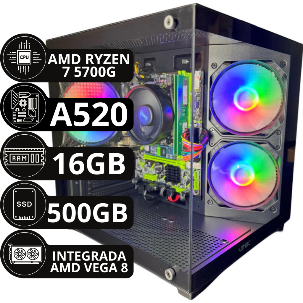 Pc Gamer Ryzen 7 5700G, A520, 16Gb ddr4 3200mhz (2x8gb), Nvme 500Gb, fonte de 65