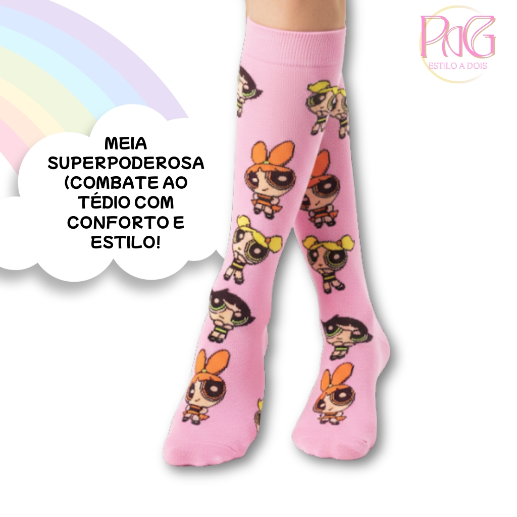 Meia Cano Longo Meninas Superpoderosas Florzinha Docinho Lindinha Estampada Feminina Infantil