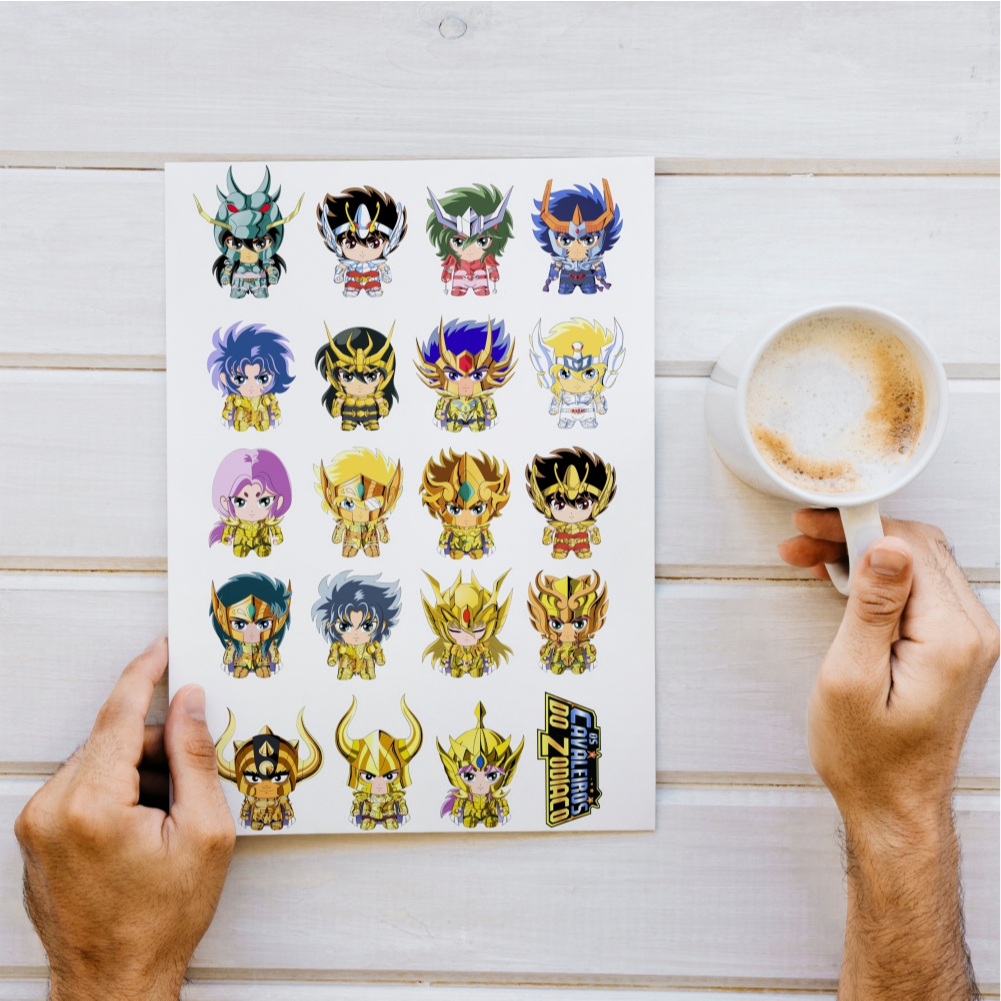 Cartela de Adesivos Sticker A4 Cavaleiros do Zodíaco Chibi Fofinhos Clássico em Oferta na Shopee