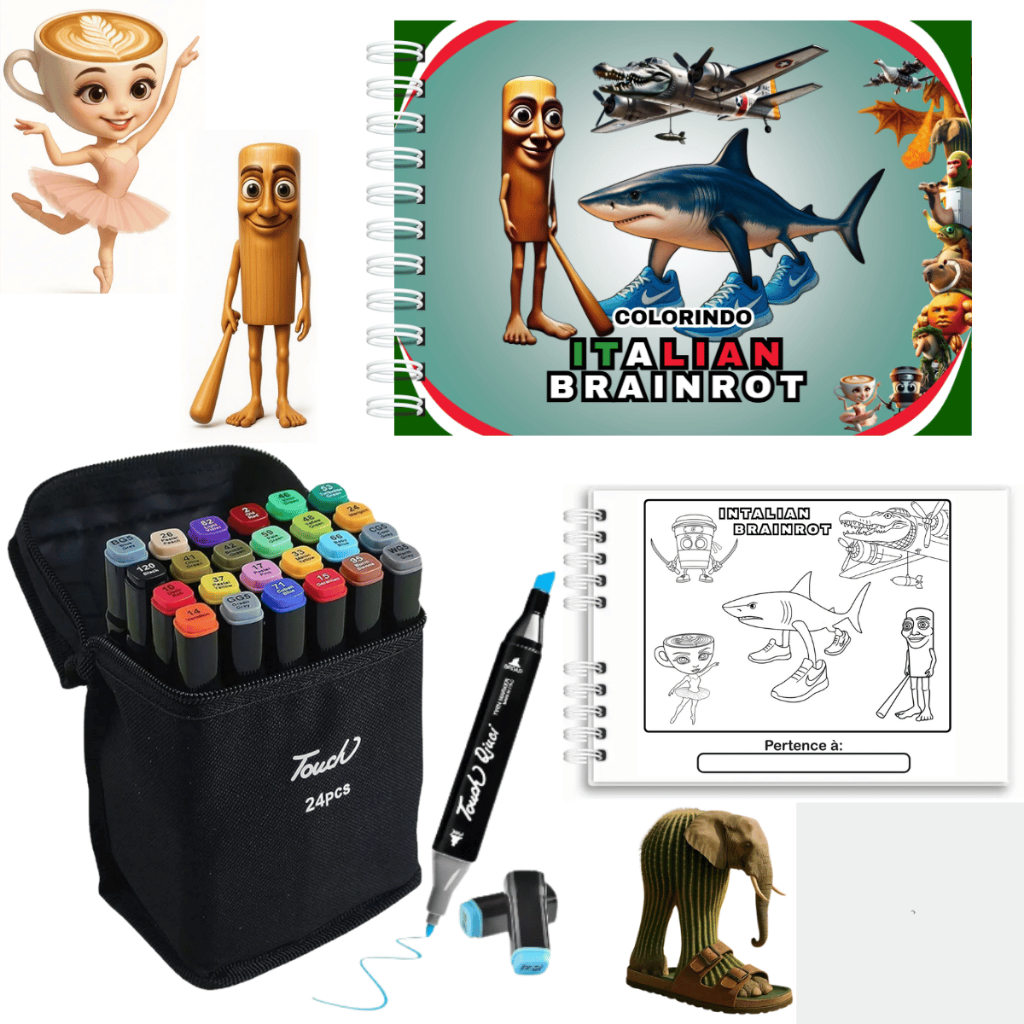 Kit Livro de Colorir Brainrot Tralalelo Tralala Bombardino Crocodilo + Jogo de Canetinhas 24/36/48/60/Cores