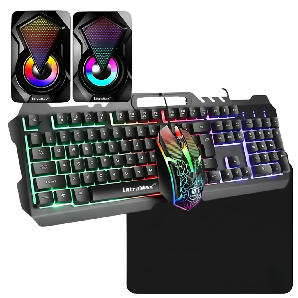 Kit Gamer 5 em 1: Teclado Semi Mecânico Iluminado RGB + Mouse para Jogos + Mouse Pad + Caixa de Som