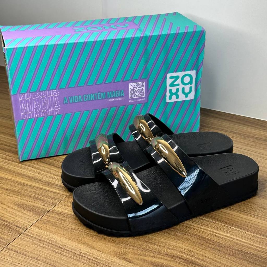 Tamanco Zaxy Slide Feminina Fashion Conforto Tiras Metalizado Plataforma 19272 Detalhe Dourado em Oferta na Shopee