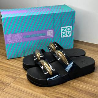 Tamanco Zaxy Slide Feminina Fashion Conforto Tiras Metalizado Plataforma 19272 Detalhe Dourado em Oferta na Shopee
