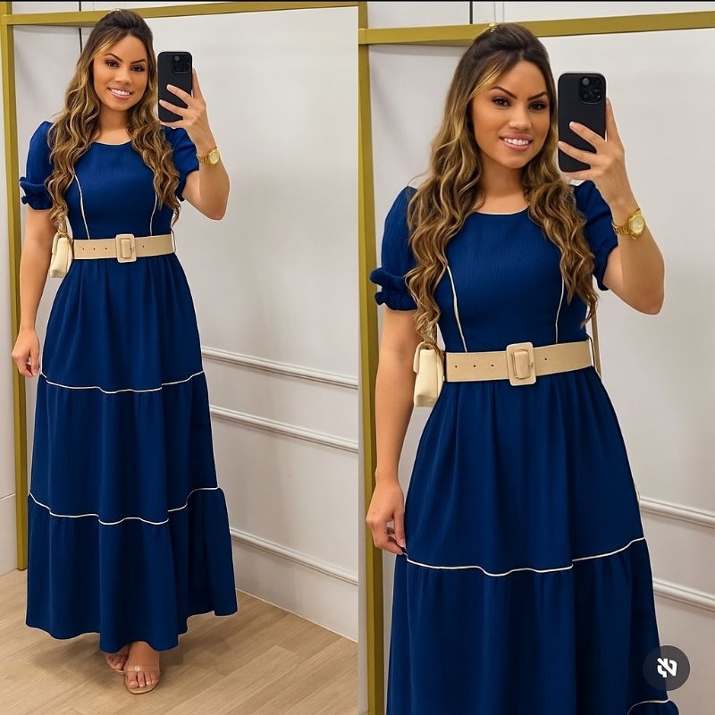 Vestido Longo com Manga Forrado Tecido Duna Onda Não Amassa Moda Evangélica — imagem 2 de 2