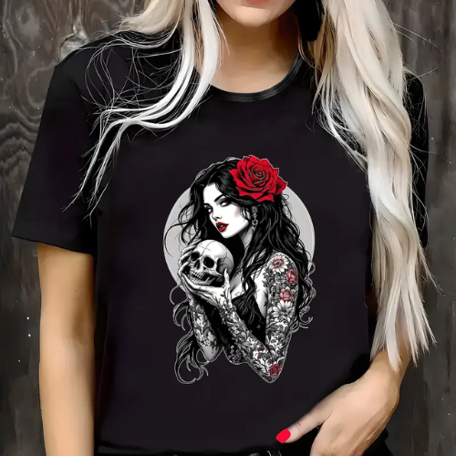 CAMISETA ESTAMPADA FEMININA GOTICA,ROSA,CAVEIRA, ROSA VERMELHA,MEXICANA,TATTOO,ROCKABILLY 100%ALGODAO DESCOLADA