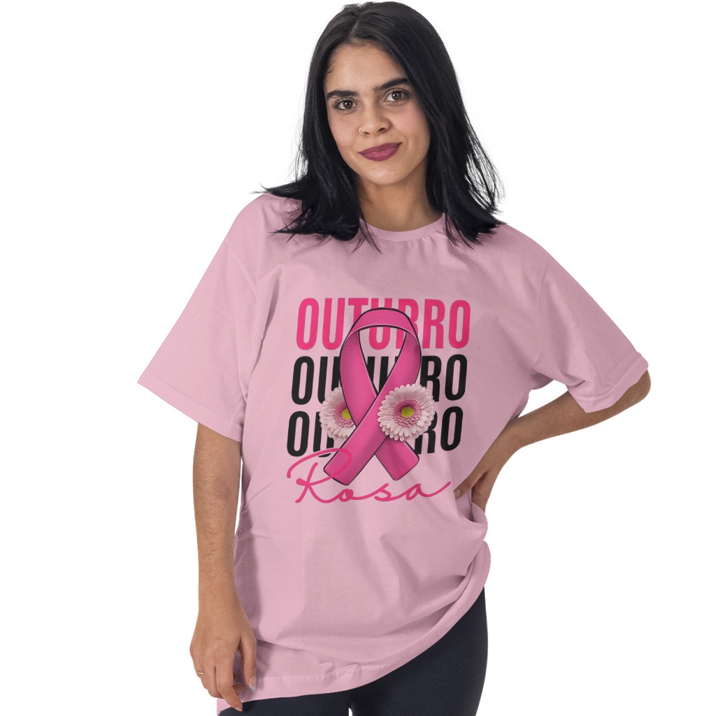 Camiseta Feminina Frase e Laço Outubro Rosa T-shirt Feminina Solidária Blusinha Estilo Casual Contra o Câncer