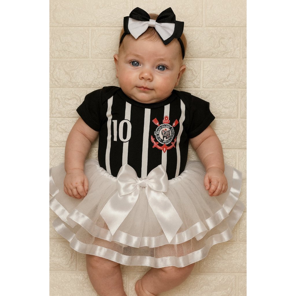 Kit Torcedor Corinthians Body Mesversário Menina com Laço e Tule de Luxo