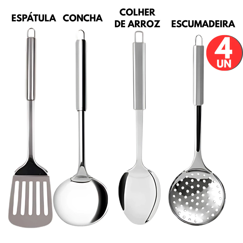 Utensilios para Cozinha INOX 4pçs - Espatula Escumadeira Colher de Arroz Concha Louça Comida Casa