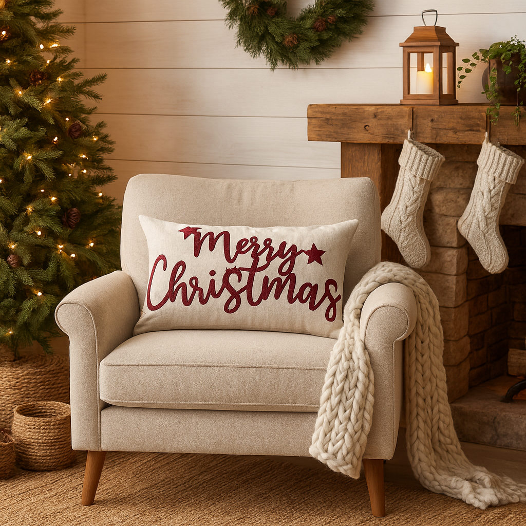 Capa De Almofada Baguete Linho detalhes em Boucle Natalino decorativo 30x50cm