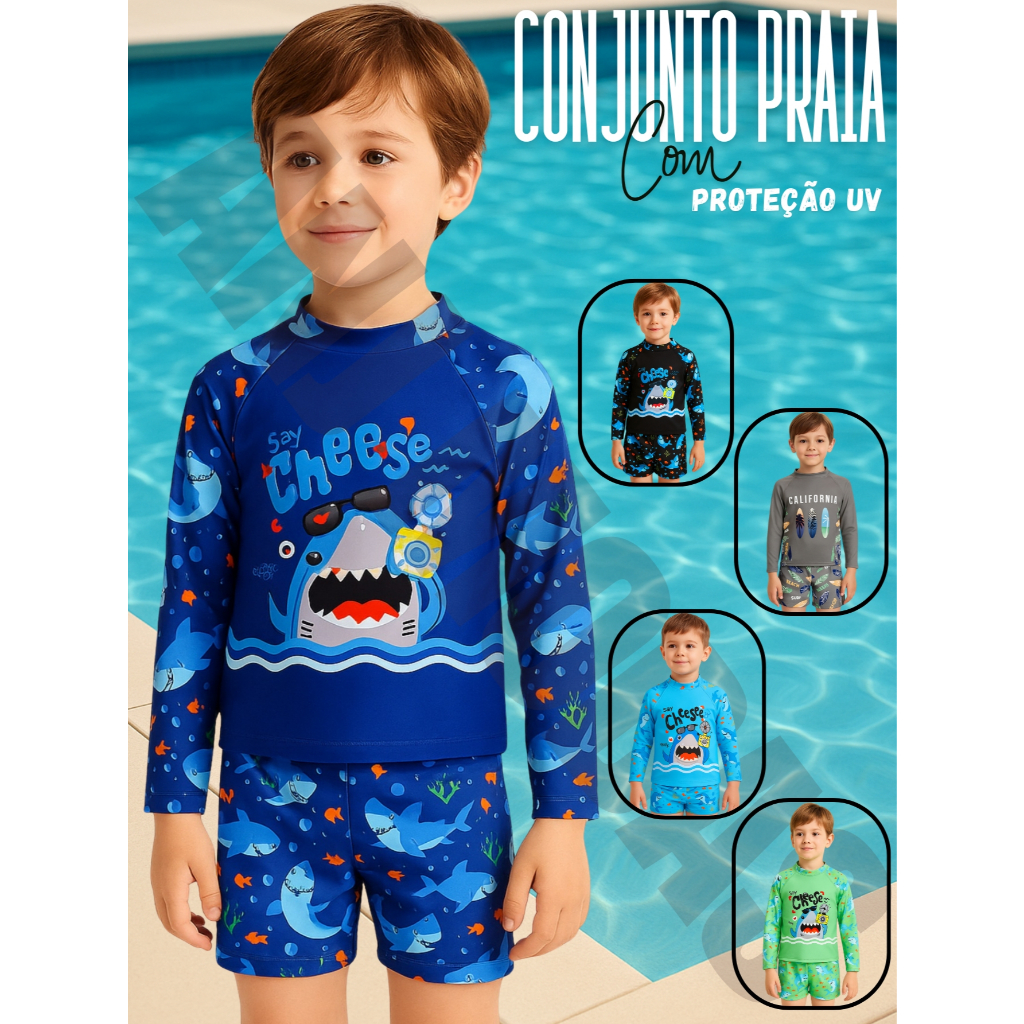 Sunga Infantil Conjunto Sunga Box 2 Peças Menino Camiseta Proteção Uv 50