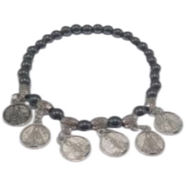 Pulseira Nossa Senhora Aparecida Pedra Natural Hematita Medalha Aço Inoxidável Silicone