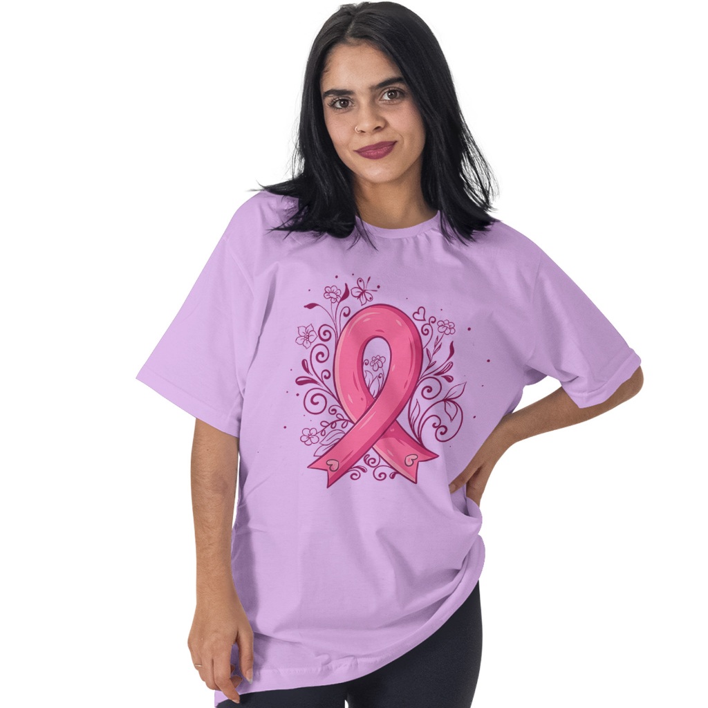 Camiseta Rosa Laço Florido Outubro Rosa Blusinha Feminina Conscientização Moda Contra o Câncer