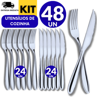 Kit Jogo Conjunto 48 Talheres Inox Multiuso 24 Faca 24 Garfo Casa Cozinha Restaurante Buffet Qualidade Resistência em Oferta na Shopee