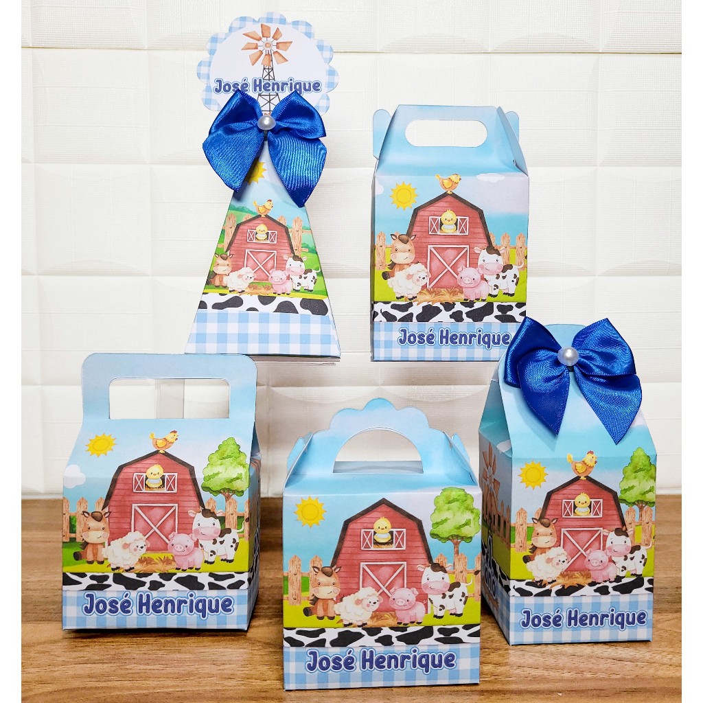 Kit Caixinhas Personalizadas Lembrancinhas Fazendinha Azul.