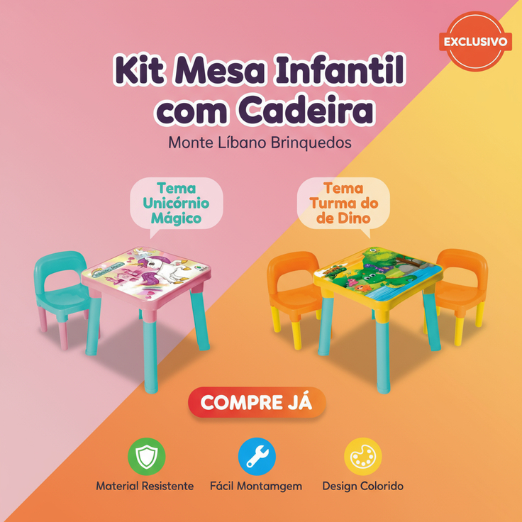 Kit Mesa e Cadeira Infantil Unicórnio Mágico ou Turma do Dino – Brincar e Estudar com Diversão