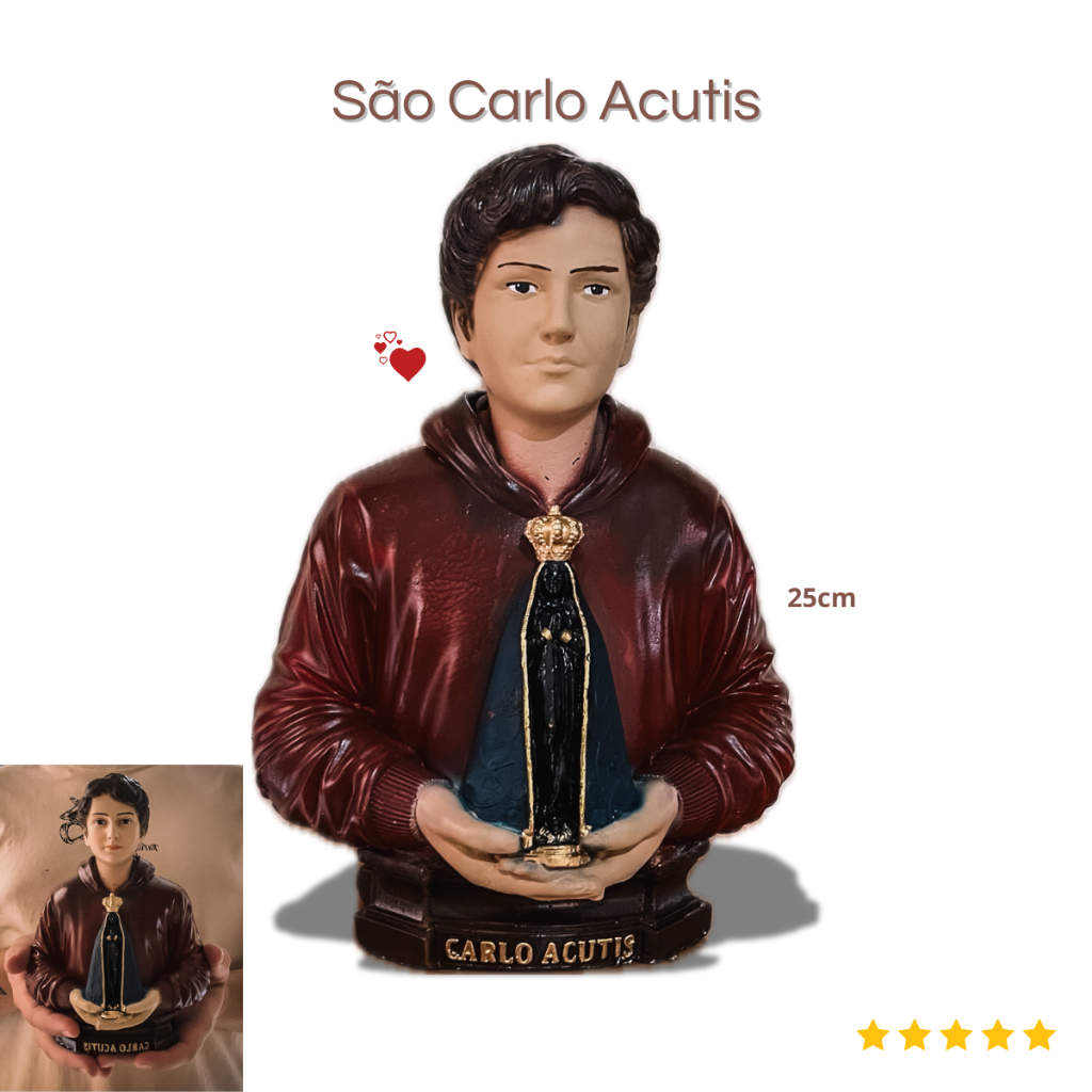 Imagem São Carlo Acutis Beato - 25cm Resina e Gesso Premium - Imagem original com Nossa Senhora Aparecida