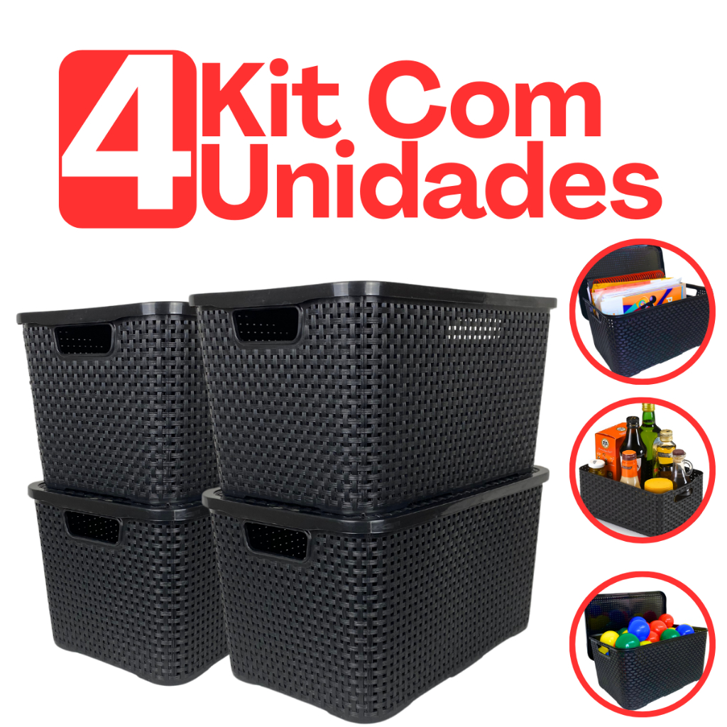 Kit Jogo 4 Caixas Organizadoras Cestos Rattan Com Tampa 15 Litros Preto Para Ferramentas Brinquedos