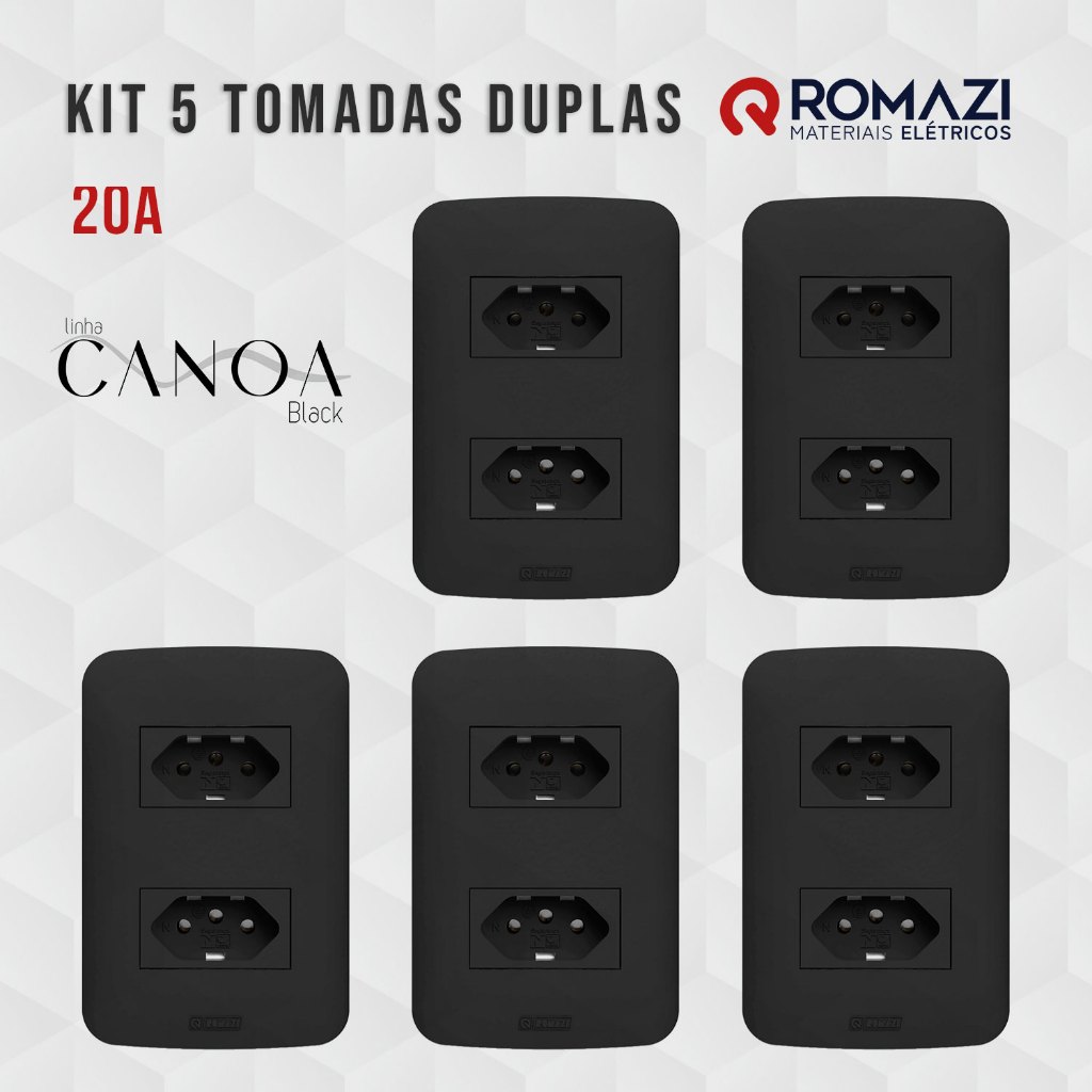 KIT 5 TOMADAS DUPLAS 20A CANOA BLACK - ROMAZI
