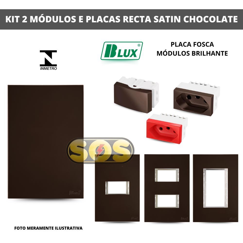 KIT RECTA SATIN CHOCOLATE BLUX 2 MÓDULOS INTERRUPTOR SIMPLES, PARALELO, TOMADA 10A, 20A. PLACAS 4X2
