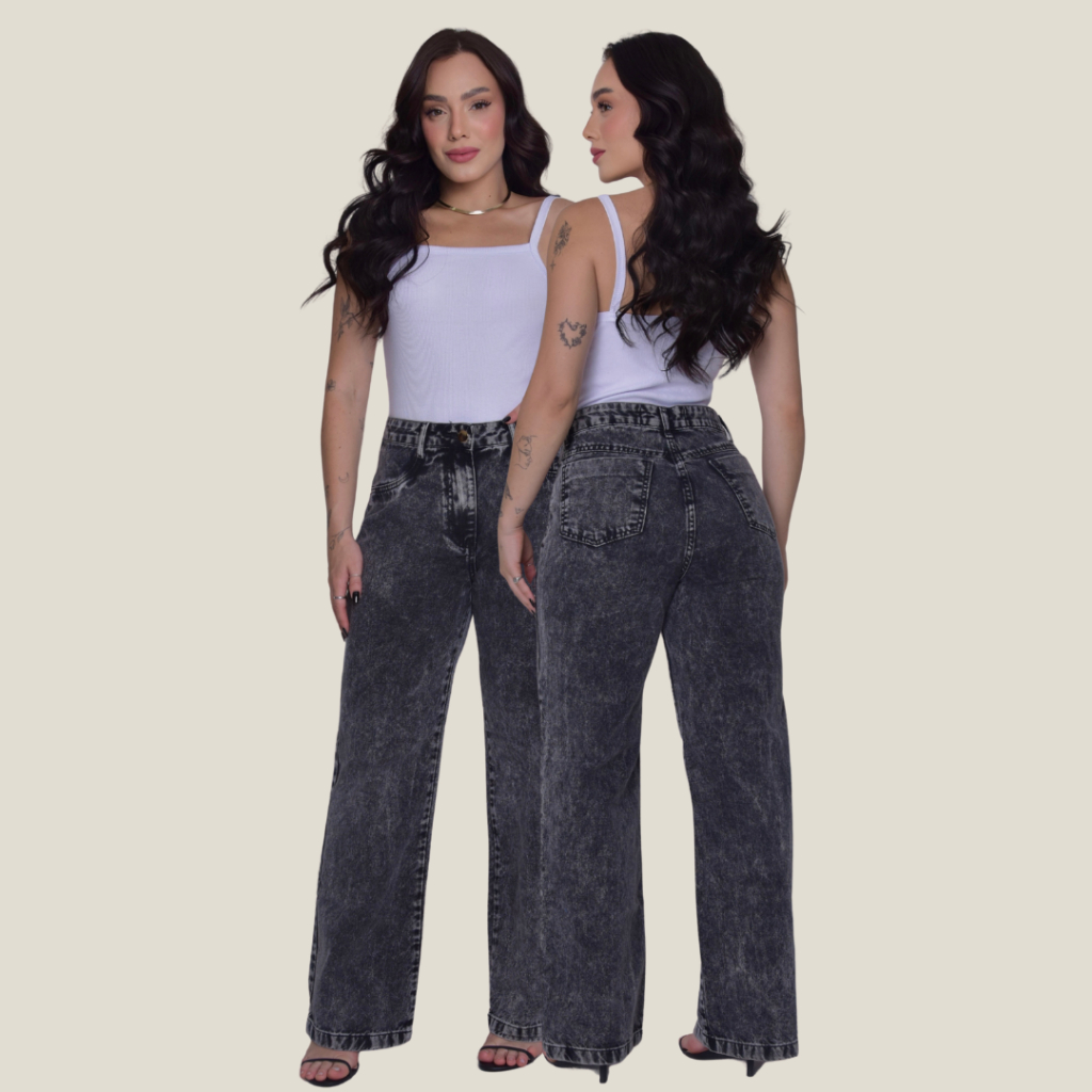 Calça Jeans Feminina Pantalona Wide Leg 100% Algodão Boca Larga Tecido Grosso Premium