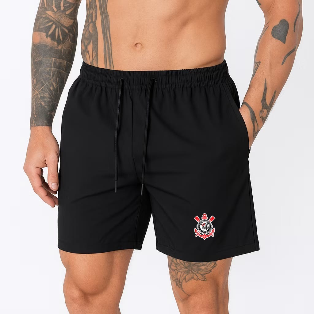 Short de Tactel com Elastano Despojado Leve Estampado Timão Corinthians