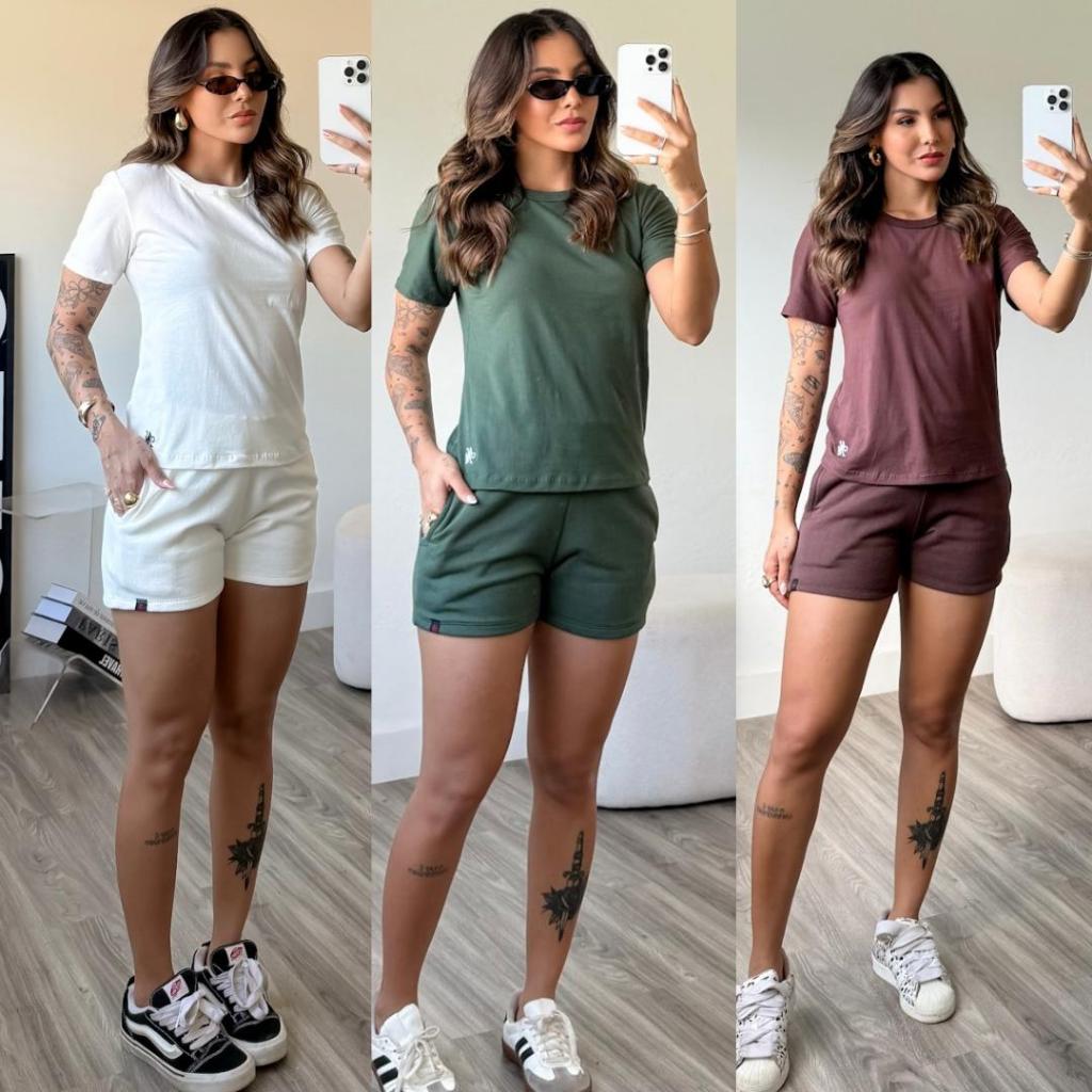 kit 3 conjunto feminino short feminino de moletom camiseta básica feminina blusa mais short de bolso blusa gola o
