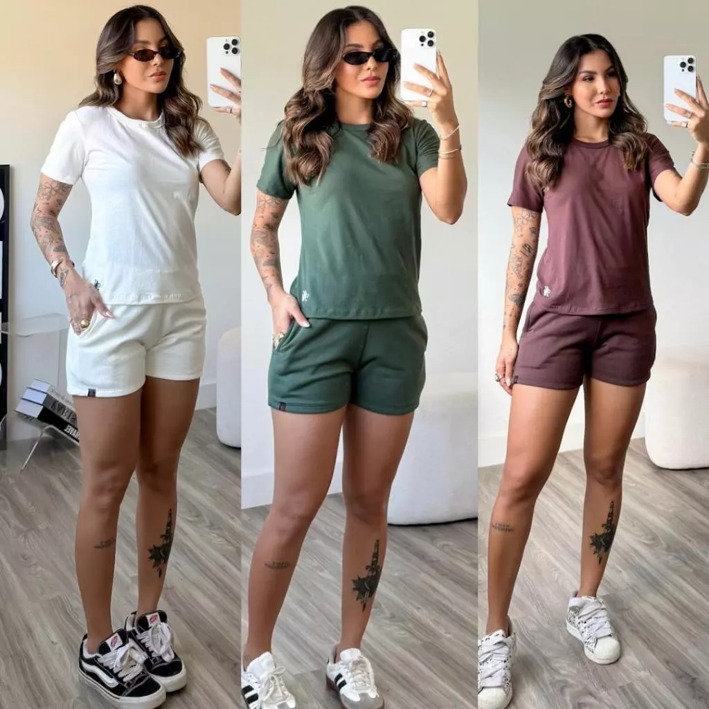 kit 3 conjunto feminino short feminino de moletom camiseta básica feminina blusa mais short de bolso blusa gola o — imagem 1