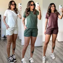 kit 3 conjunto feminino short feminino de moletom camiseta básica feminina blusa mais short de bolso blusa gola o