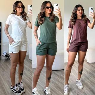 kit 3 conjunto feminino short feminino de moletom camiseta básica feminina blusa mais short de bolso blusa gola o
