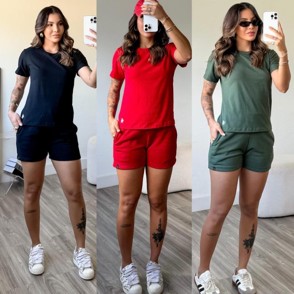 kit 3 conjunto feminino short feminino de moletom camiseta básica feminina blusa mais short de bolso blusa gola o — imagem 2 de 2