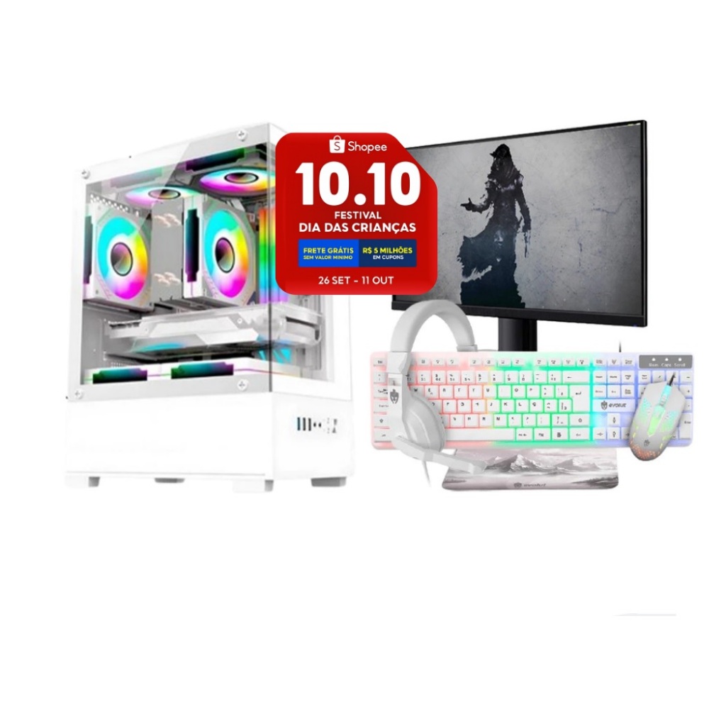 Computador Gamer Completo Branco i5 Memoria Ram 16GB Monitor Teclado Mouse e Headset