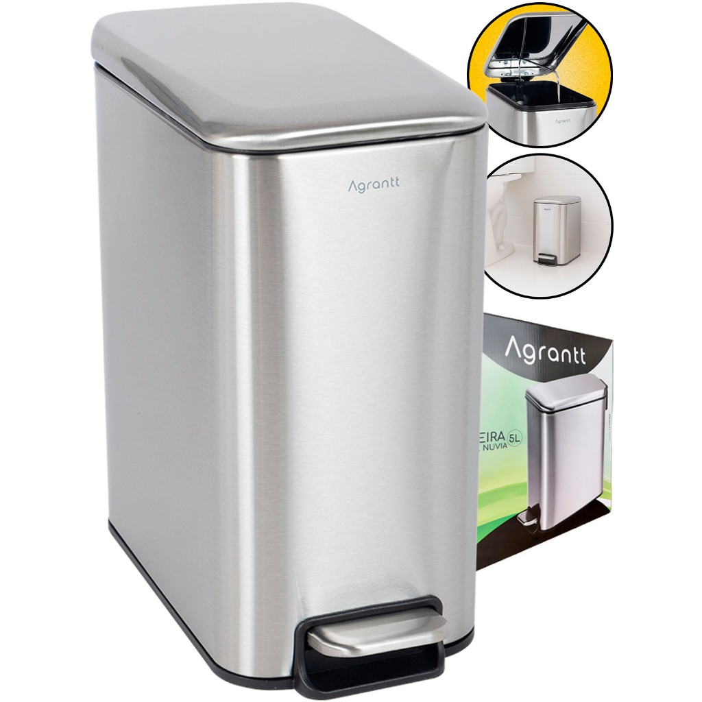 Lixo Lixeira Soft Close 5 Litros Aço Inox Pedal Balde Cesto Removível Slim Banhe