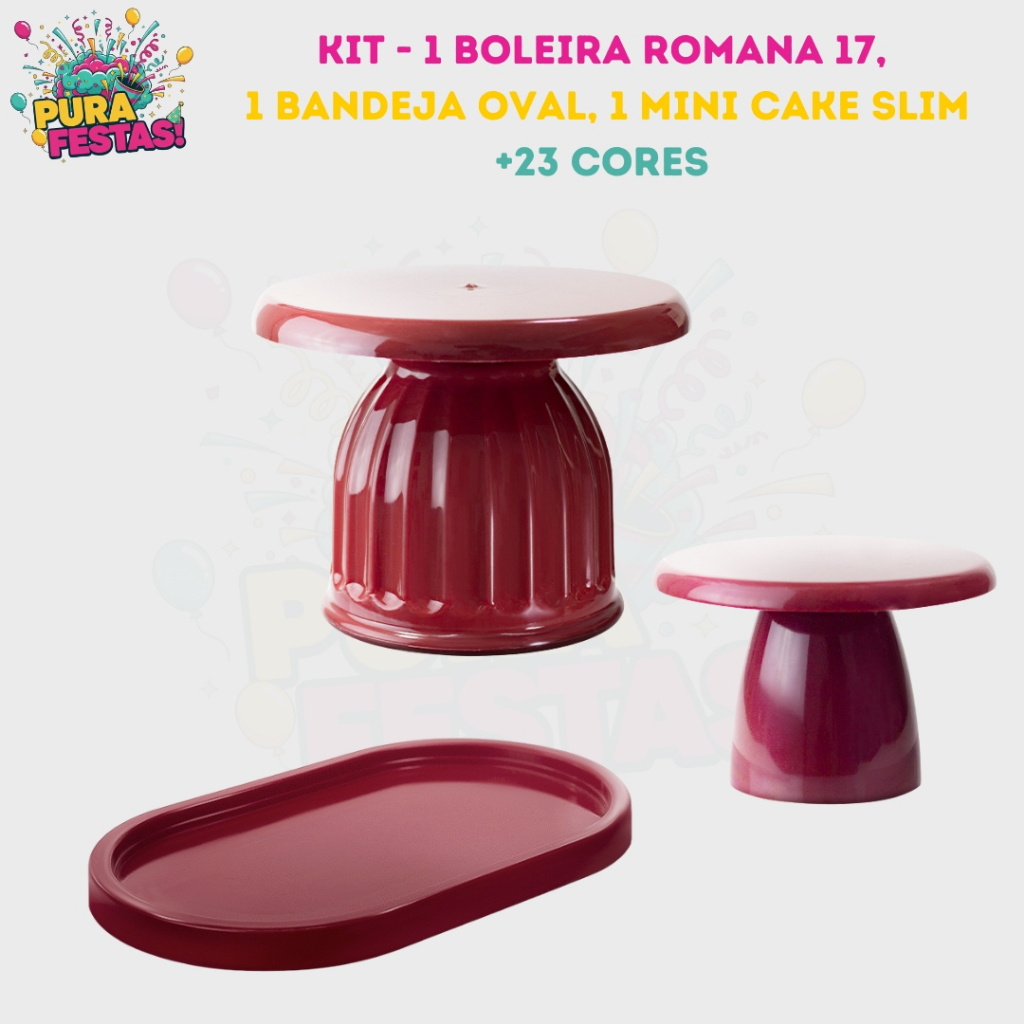 Kit - 1 Boleira Romana 17, 1 Bandeja Oval, 1 Mini Cake Slim - Diversas Cores em Oferta na Shopee