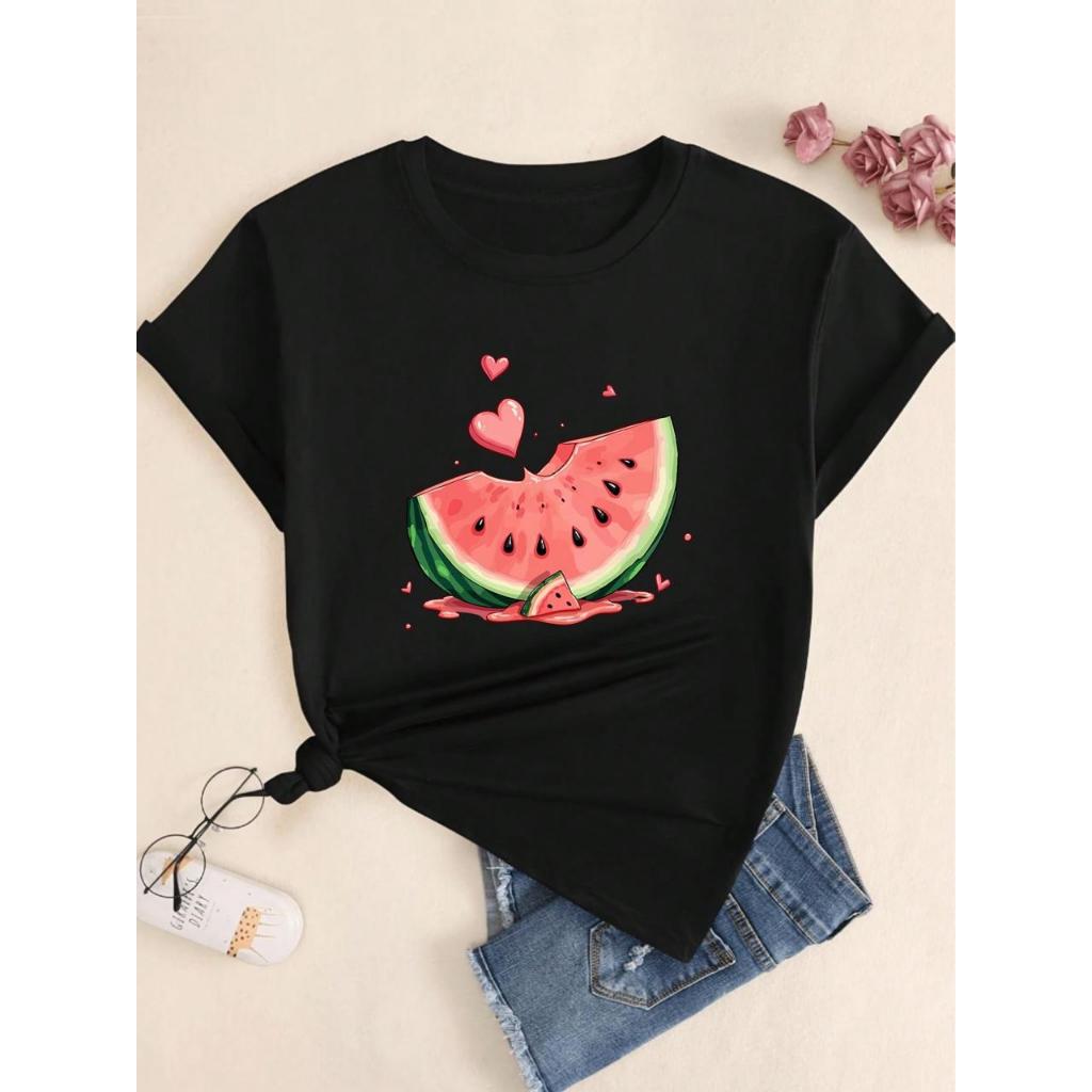 Camiseta Feminina Despojada Estilosa Estampada Melancia Coração