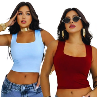 Kit 2 Croppeds Femininos Decote Quadrado – Tendência Moda Verão 2025 em Oferta na Shopee