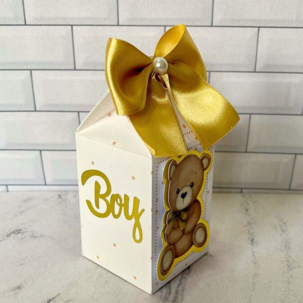 CAIXA MILK PERSONALIZADA LEMBRANCINHA COM LAÇO E APLIQUE CHÁ REVELAÇÃO DOURADO