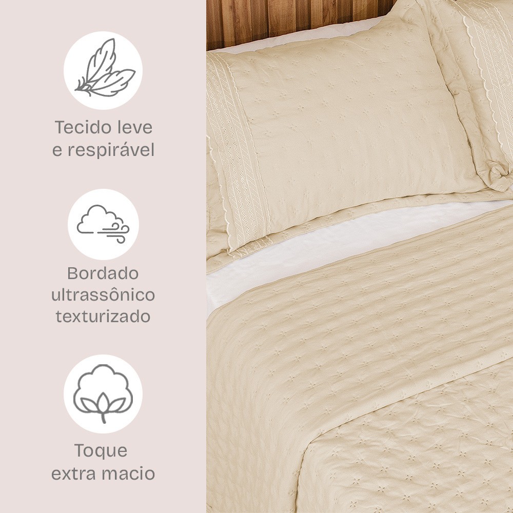 Detalhes do Kit Cobre Leito Colcha Casal 3 Peças com Bordado Inglês Micro Percal Ultrassônico BF Colchões