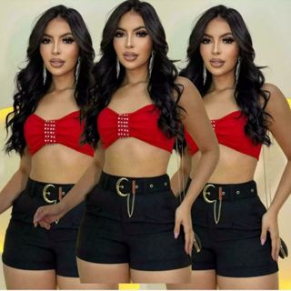 Short Feminino com Cinto Fivela Dourado, Bolsos, Zíper em Tecido Alfaiataria - Disponível em Diversas Cores em Oferta na Shopee