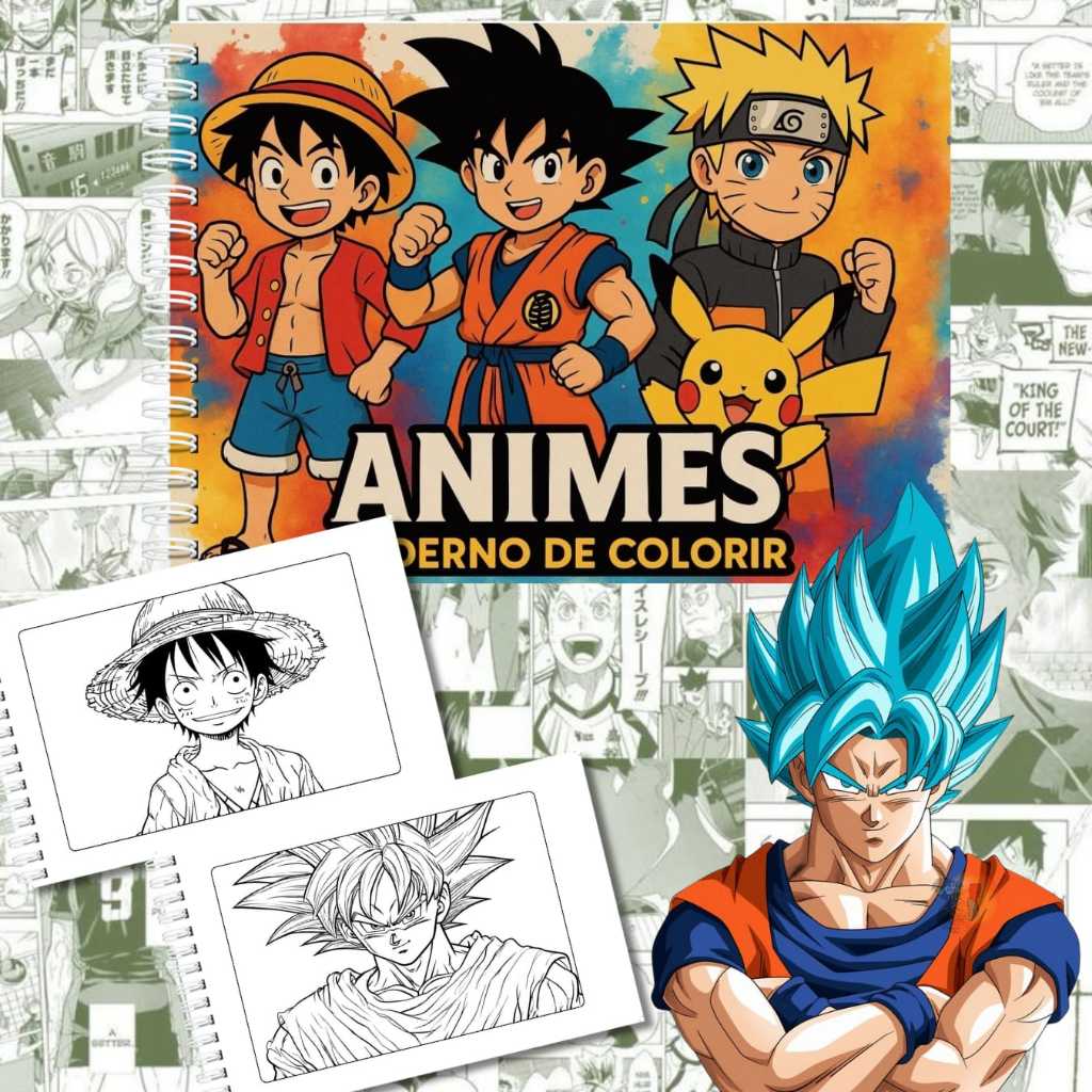 Livro de colorir ANIMES | DRAGON BALL | ONE PIECE | POKÉMON | NARUTO | capa dura | folhas grossas 180g em Oferta na Shopee