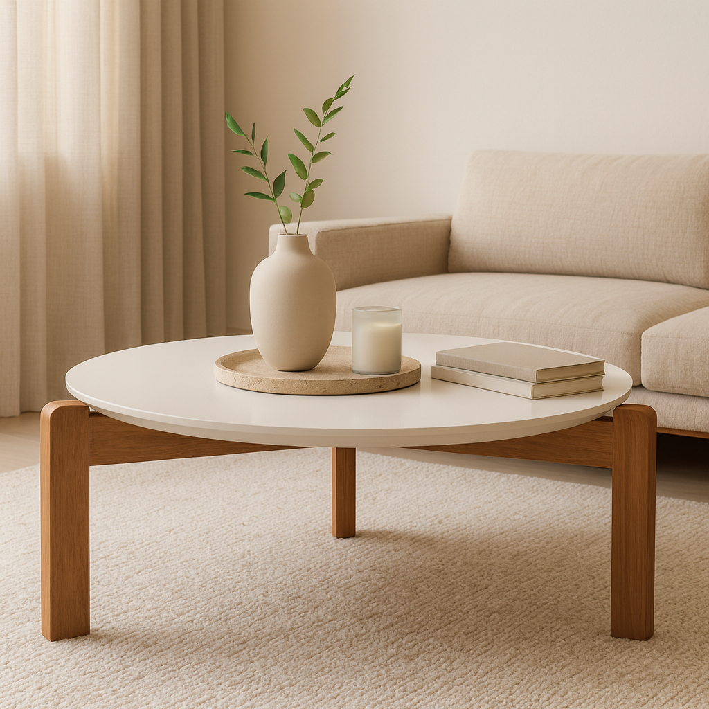 Mesa de Centro Premium Redonda Design Moderno – Tampo MDF e Pés em Madeira - Austria