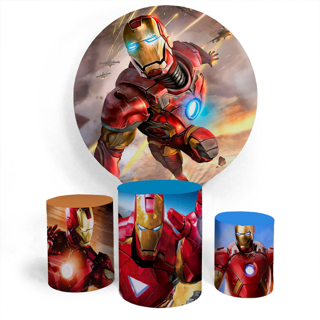 Kit Festa Painel Capa Decorativo Redondo E Trio Capa Cilindro Exclusivos Temática Homem de Ferro Variadas