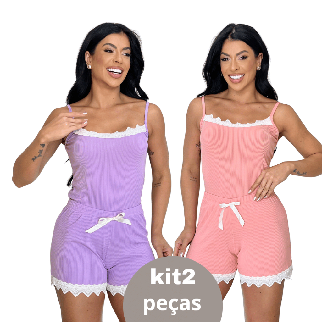 Kit 2 Pijamas Baby Doll Sexy Short Doll Canelado Feminino Detalhe de Renda Luxo Premium Se...