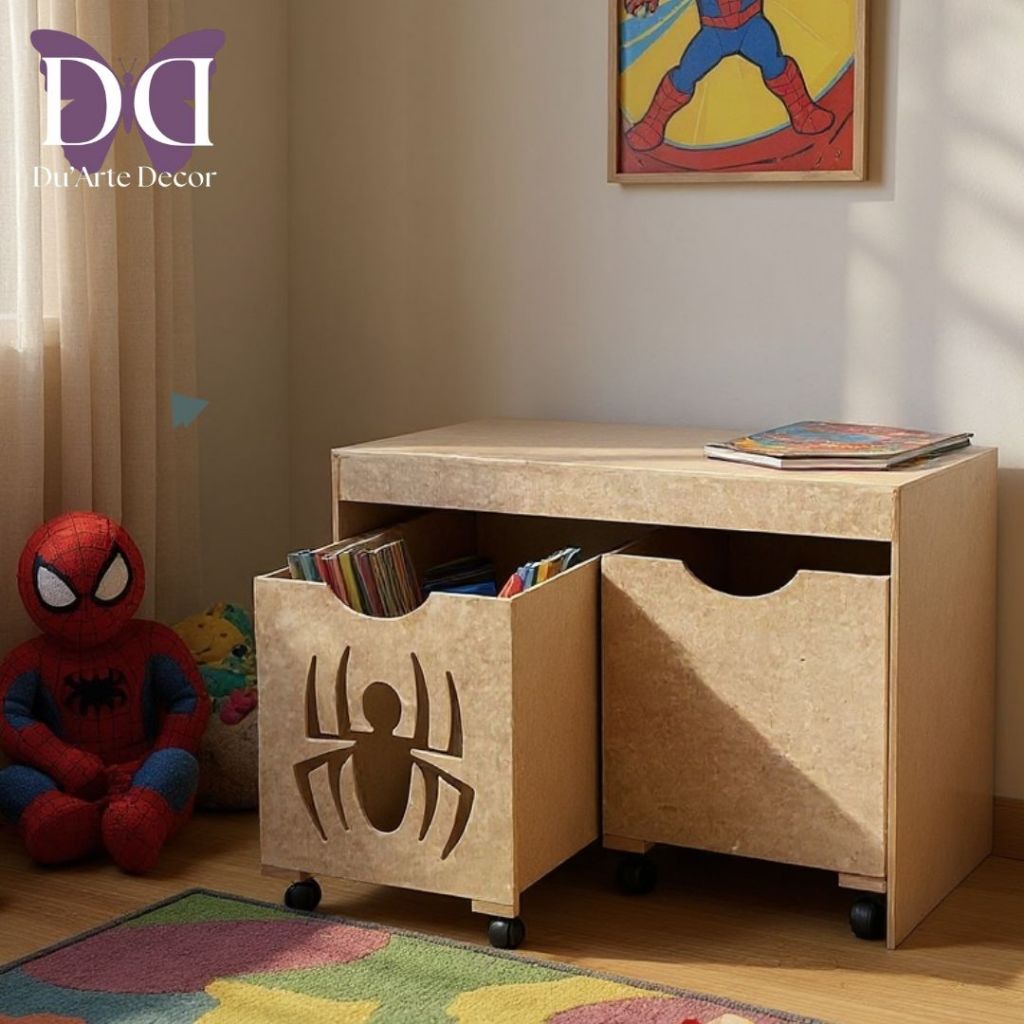 Organizador de Brinquedos Heróis Bancada Infantil 2 Gavetas Com Rodinhas em MDF