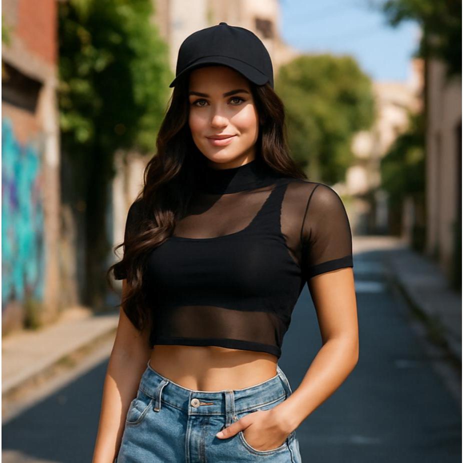Cropped Tule Blusa Transparente Manga Curta Com Gola