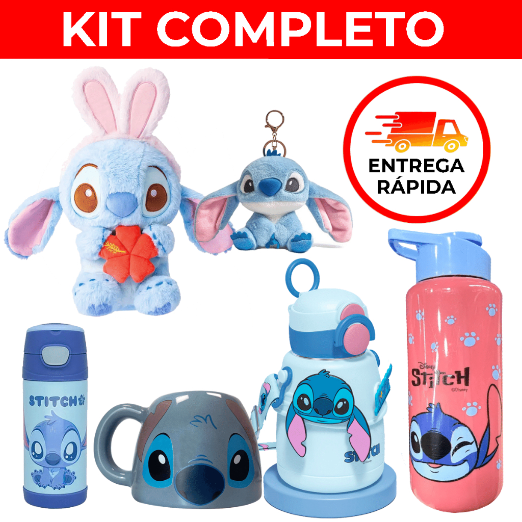 Kit Disney Stitch Angel Pelúcia Chaveiro Garrafa Térmica Caneca Presente Dia das Crianças