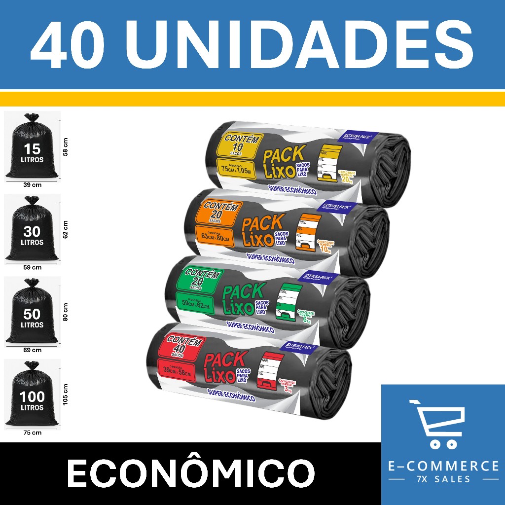 Saco de Lixo Preto 40 Unidades Forte e Resistente 15L 30L 50L 100 Litros Casa Cozinha e Banheiro