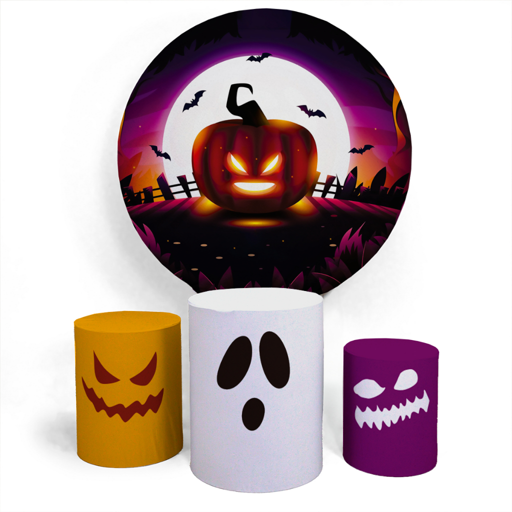 Kit Festa Painel Festa Capa Circular E Capa Conjunto Cilindro Veste Fácil Abobora Fantasmas Halloween