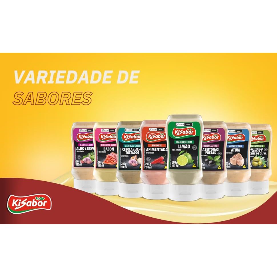 Maioneses 200G Kit c/7un Queijo Gratinado,Churrasco,Cebola e Alho,Azeitonas Pretas,Alho e Ervas,Azeitonas Verdes e Bacon